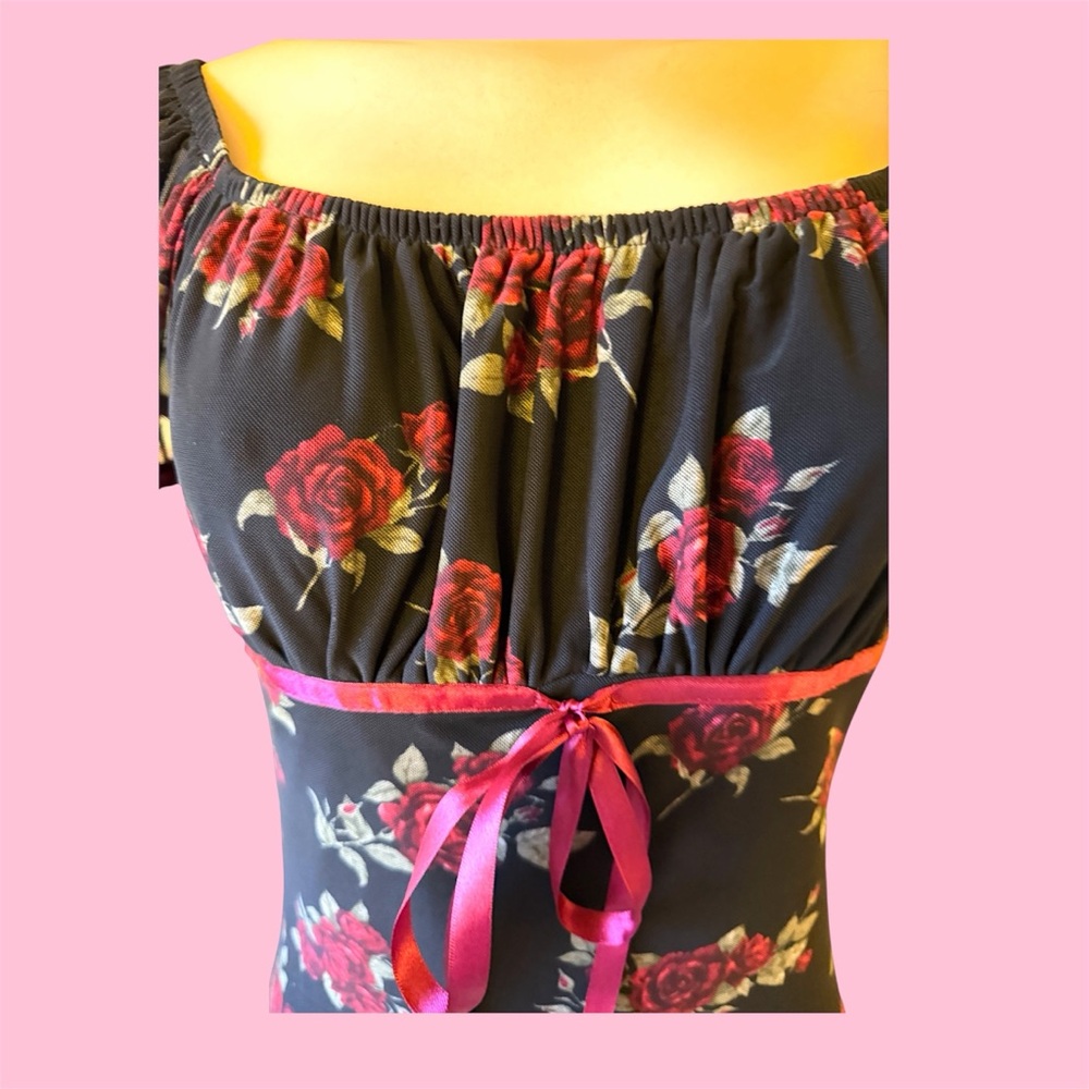 NWT Dark Floral milkmaid Dress Wuthering heights inspired y2k babydoll sheer Lg - Picture 5 of 7